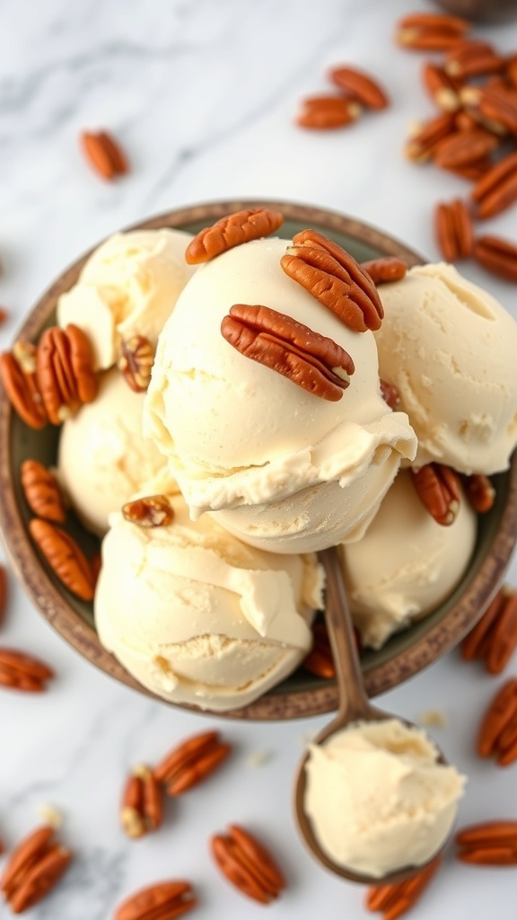 A bowl of butter pecan ice cream with pecans, served with a wooden spoon on a marble countertop.